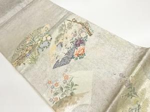 地紙・草花・鶴模様織出し袋帯